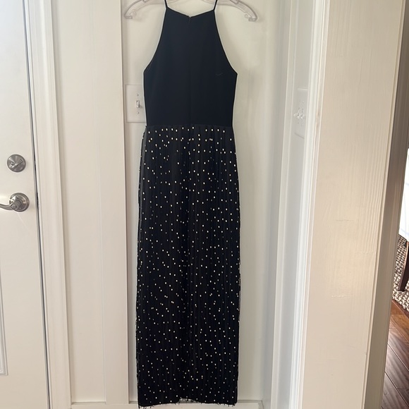 Badgley Mischka Sleeveless Beaded Fringe Column Gown Black/Gold Size 0 - Picture 3 of 11